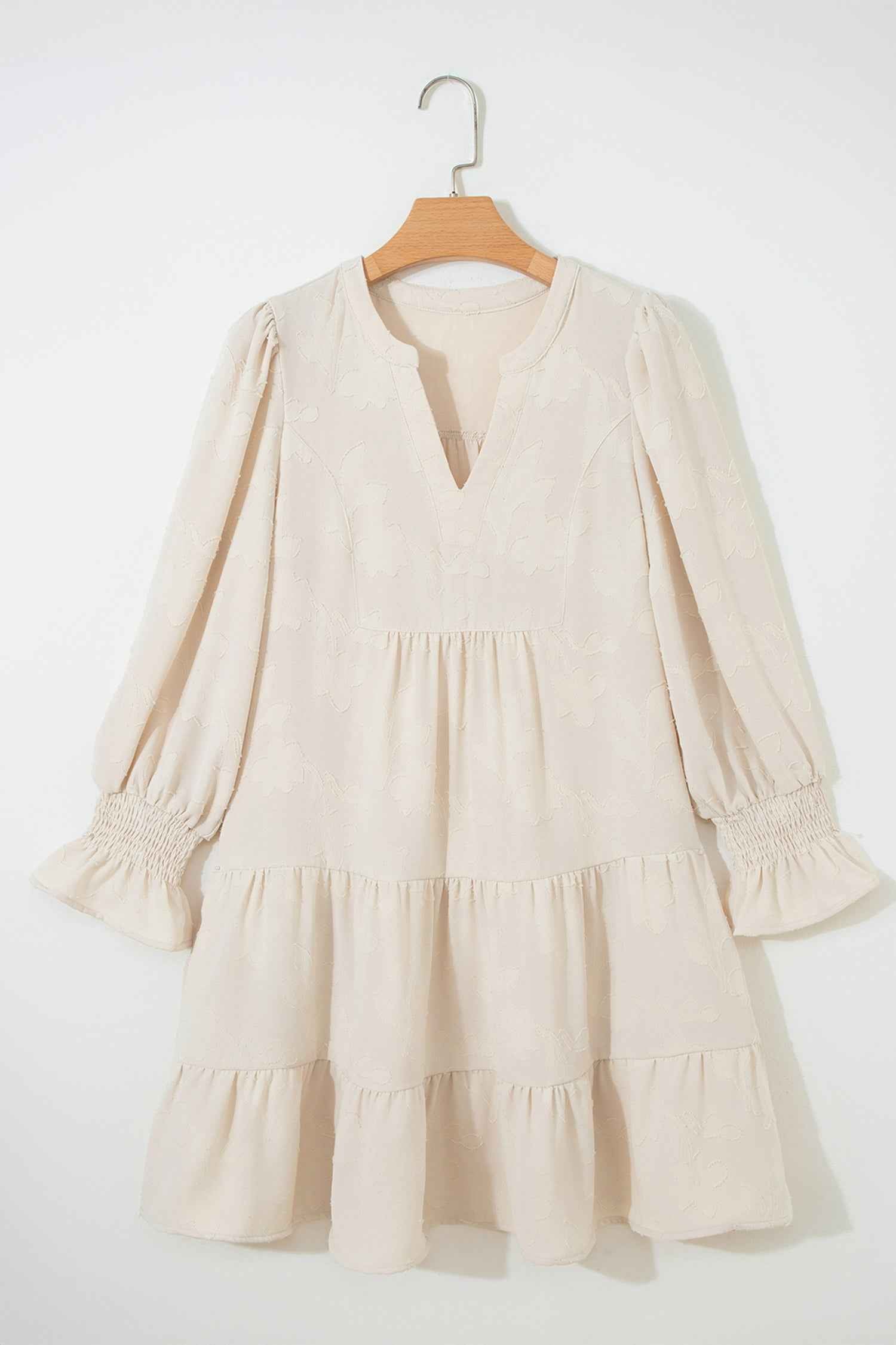 Parchment Long Sleeve Notched Neck Jacquard Tiered Mini Dress