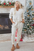 White Polka Dot Print Notched Neck Long Sleeve Top Drawstring Jogger Pants Waffle Knit Lounge Set
