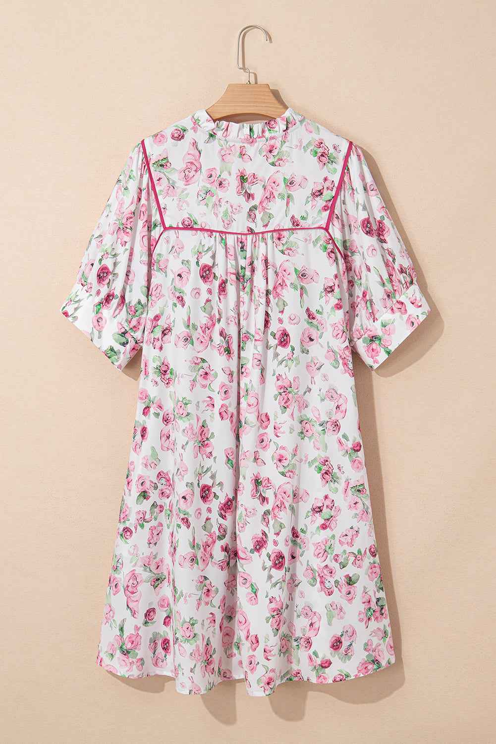 Pink Floral Split Neck Short Sleeve Loose Plus Size Mini Dress