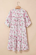 Pink Floral Split Neck Short Sleeve Loose Plus Size Mini Dress