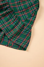 Green Plaid Shirred U Neck Short Sleeve Mini Dress