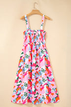 Pink Floral Print Adjustable Straps Smocked High Waist Sundress