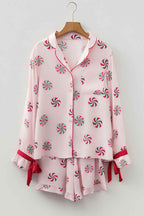 Pink Christmas Candy Contrast Trim Bow Knot Silky 2pcs Pajama Set