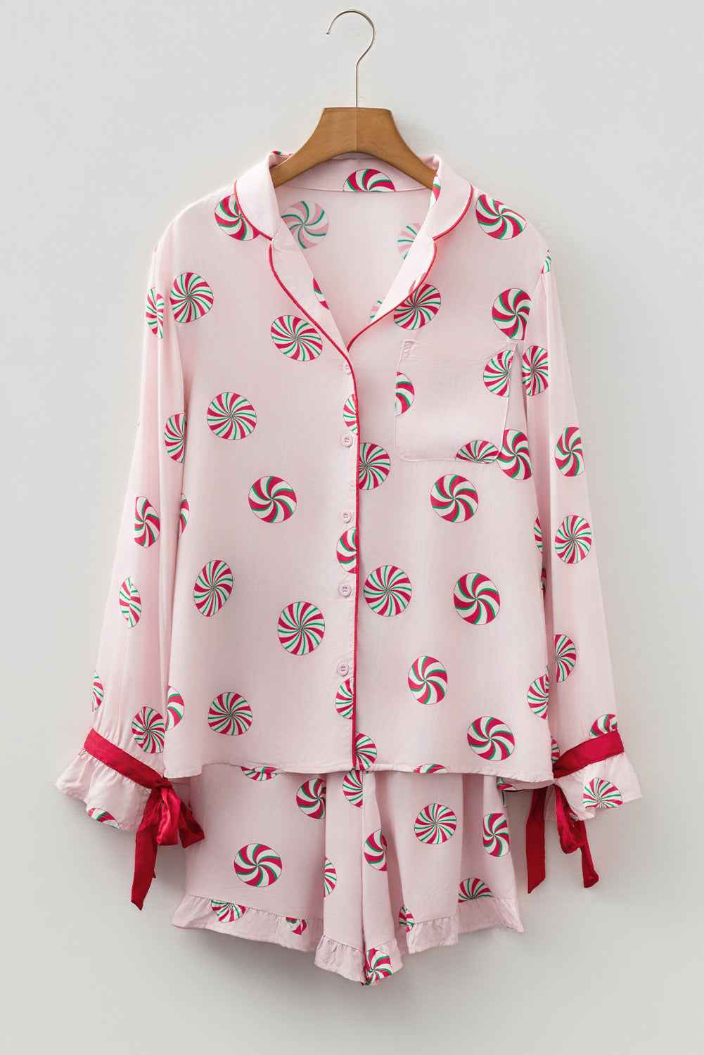 Pink Christmas Candy Contrast Trim Bow Knot Silky 2pcs Pajama Set