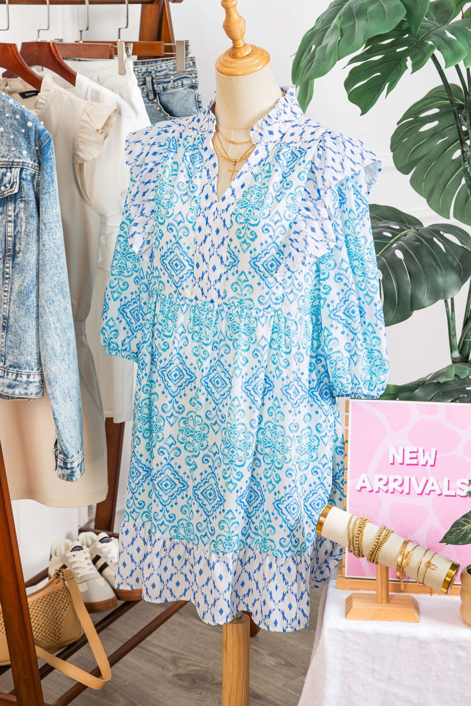 Sky Blue Boho Floral Geometric Patchwork Ruffle Detail Puff Sleeve Mini Dress