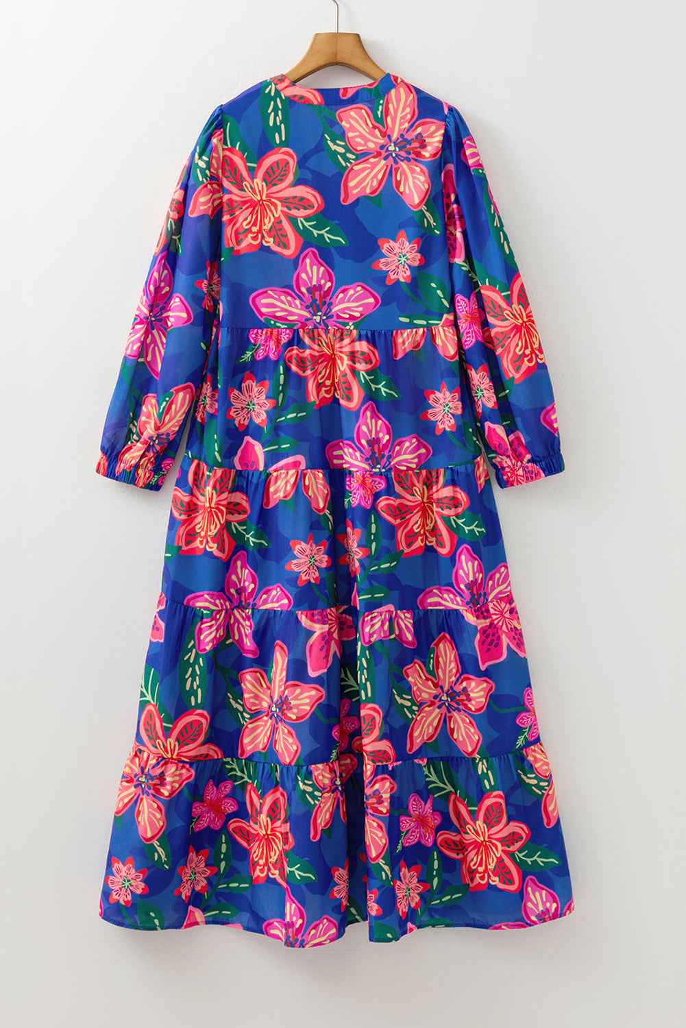Blue Floral Print 3/4 Sleeve V Neck Tiered Long Dress