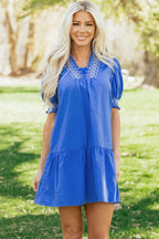 Sky Blue Embroidered Smocked Detail V Neck Short Puff Sleeve Mini Dress