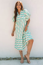 Multicolour Striped Floral Print Tie Split Neck Puff Sleeve Midi Dress