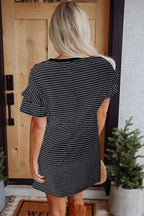 White Stripe Ruffled Short Sleeve Crew Neck T Shirt Shift Mini Dress