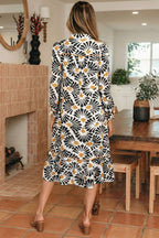 Black Abstract Floral Print Split V Neck Long Dress with Sleeves