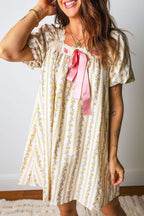 Multicolour Floral Print Contrast Ribbon Bow Lace Trim Square Neck Mini Dress