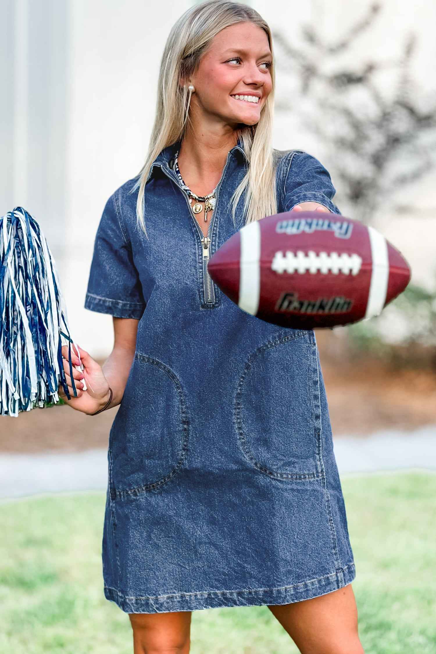 Blue Zip up Collared Short Sleeve Shift Mini Denim Dress