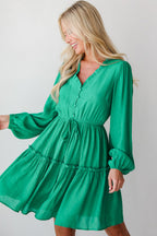 Sea Green Frilly V Neck Puff Sleeve Drawstring Shift Mini Dress