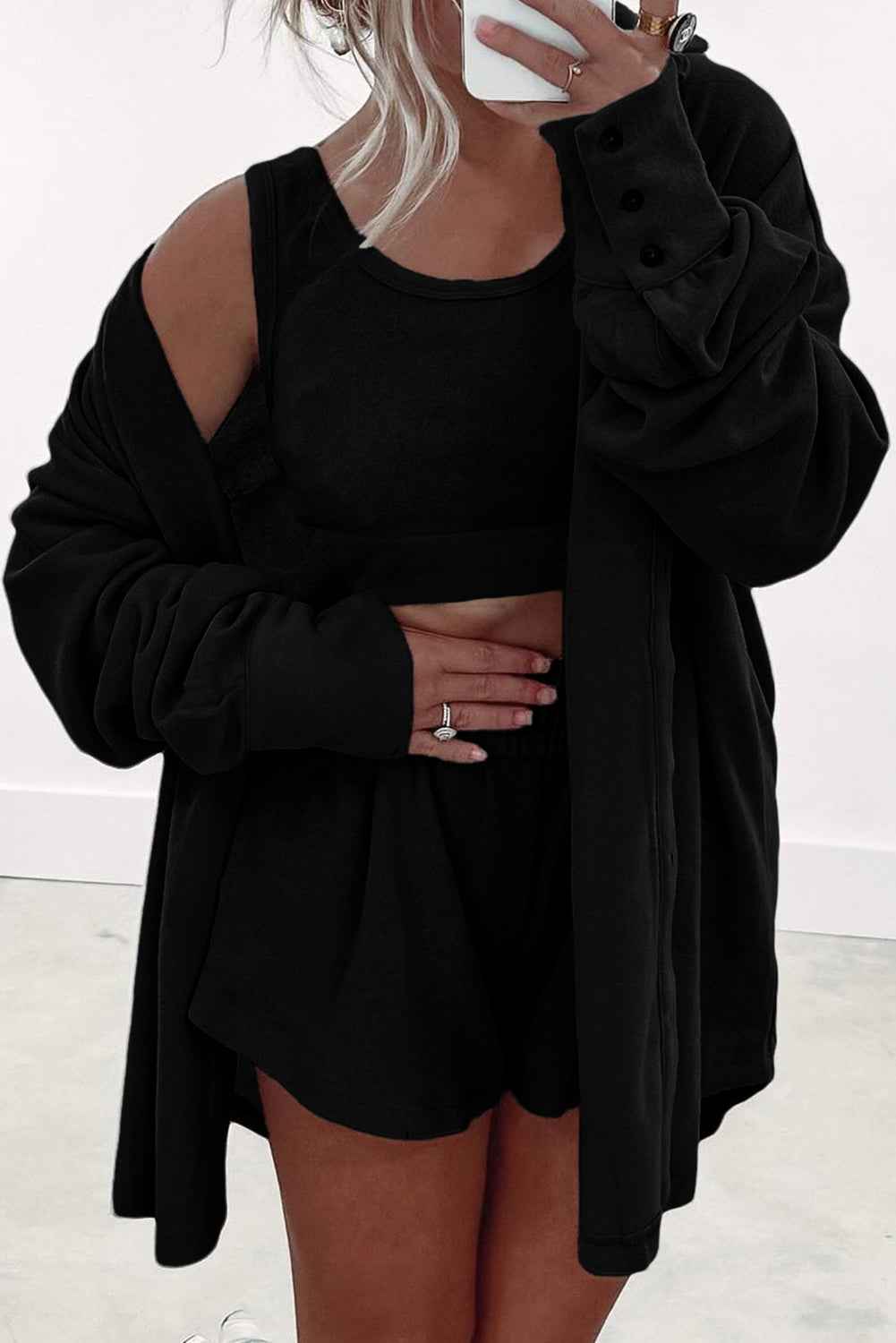 Black 3 Pcs Crop Tank Top Shorts with Cardigan Lounge Set