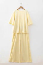 Yellow Cream Solid Color Eyelet Lace Panel Accent Plus Size 2pcs Outfit