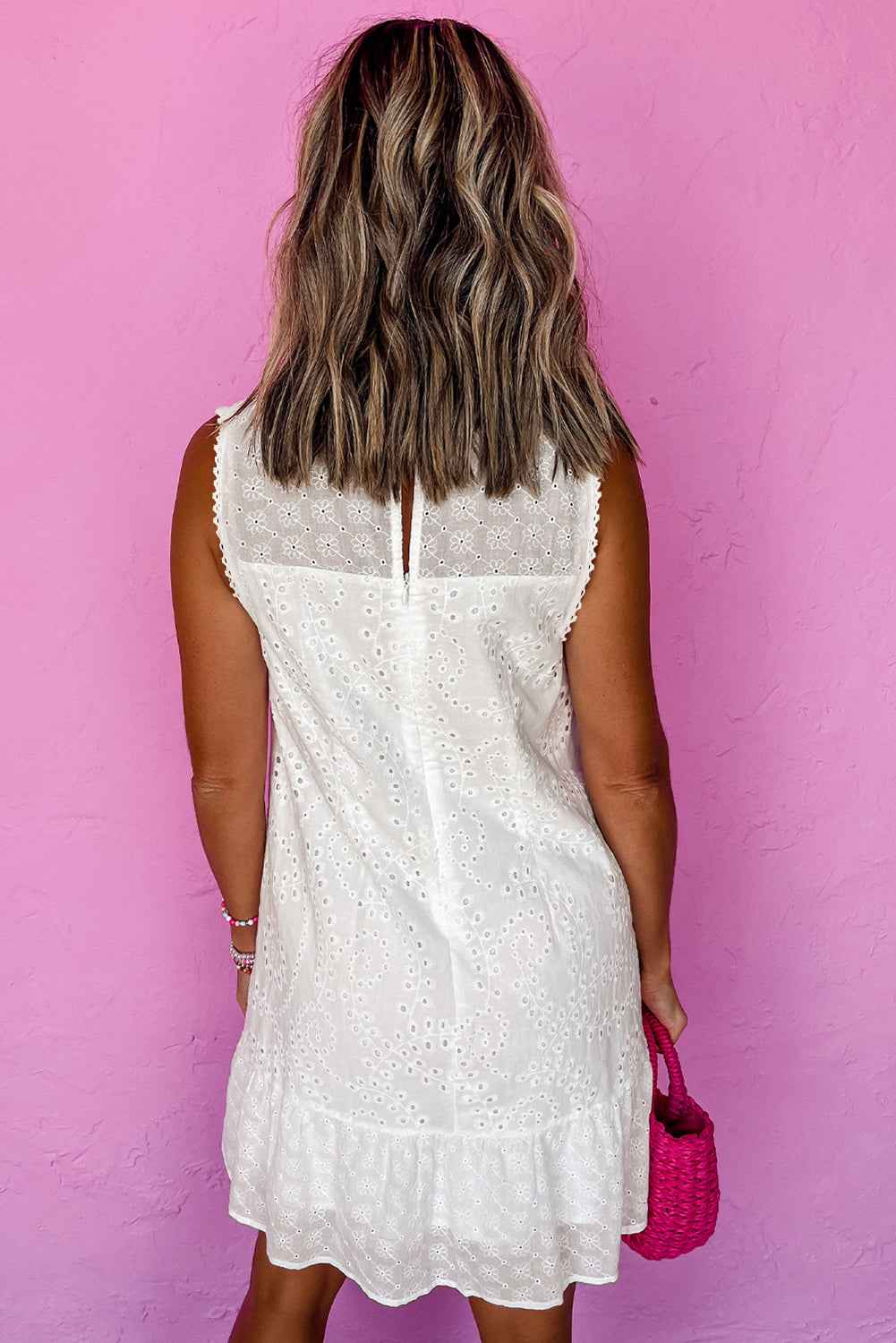 White Floral Eyelet Embroidered Sleeveless Shift Dress