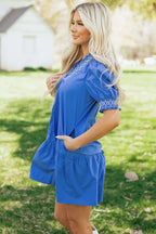 Sky Blue Embroidered Smocked Detail V Neck Short Puff Sleeve Mini Dress