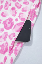 Pink Abstract Leopard Print Tie Waist Puff Sleeve Mini Shirt Dress