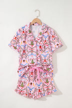 Pink Nutcracker Doll Christmas Print Ribbon Tie Waist Short 2pcs Pajama Set
