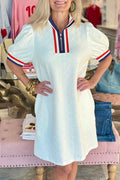 White Textured Jacquard Colorblock Edge Puff Sleeve Quarter Zip Mini Dress - MuseLover
