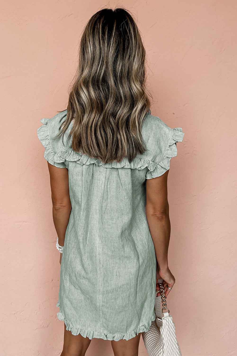 Green Stripe Frilled Sleeveless Collar Front Pocket Button Up Mini Dress