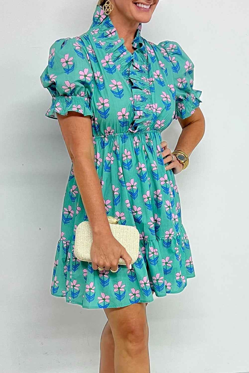 Green Floral Print Frilly Smocked Detail High Waist Mini Dress