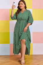 Green Plus Size Geometric Print Pocketed Ruffle Hem Casual Dress