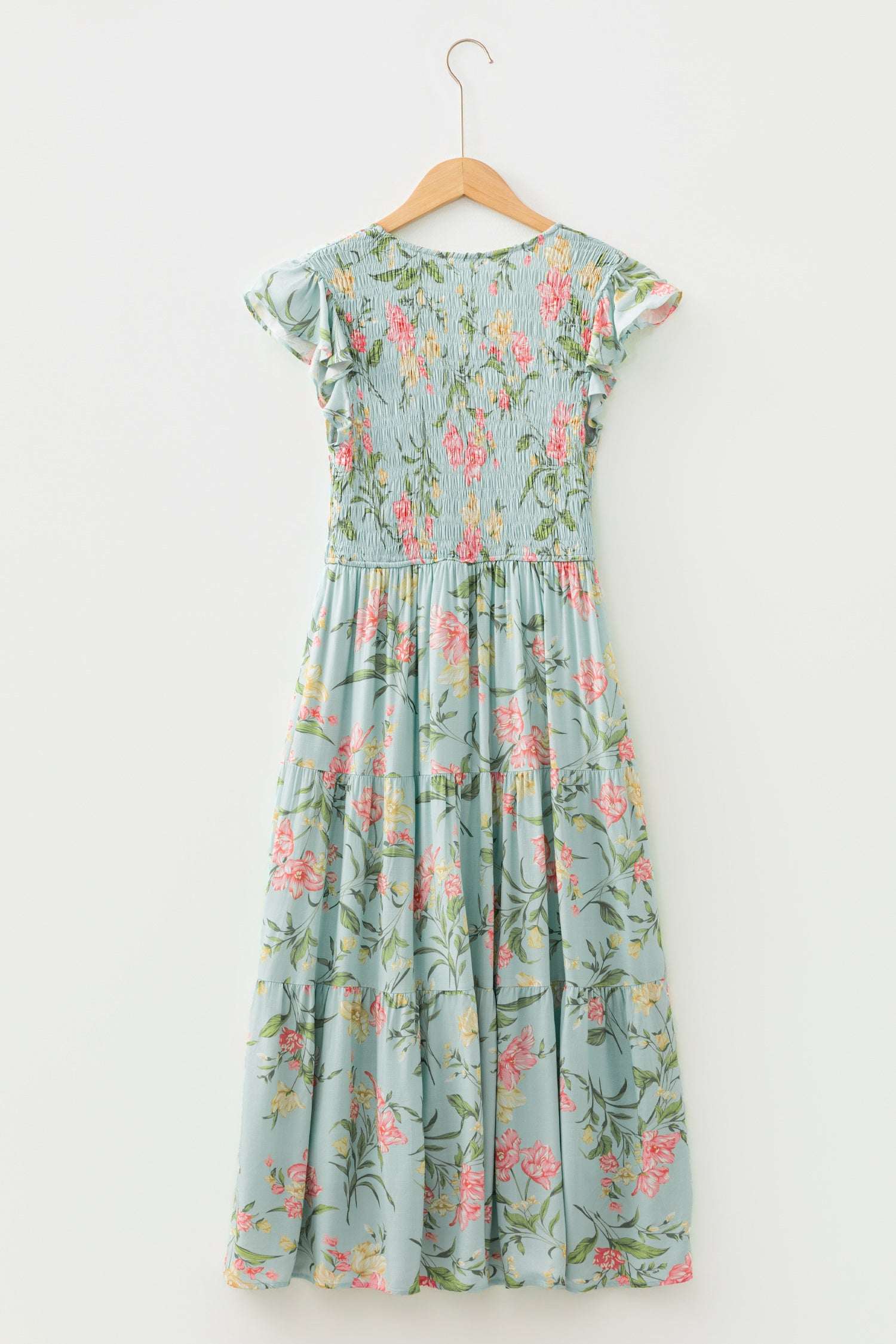 Yellow Smocked Bodice Ruffled Sleeveless Tiered Floral Maxi Dress