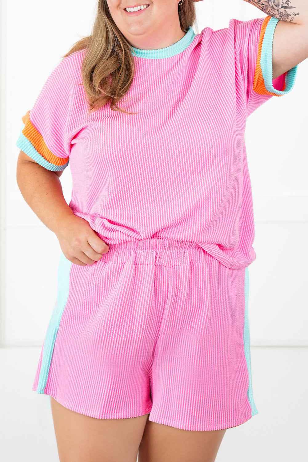 Light Blue Plus Size Color Block Corded Knit Tee and Shorts Set
