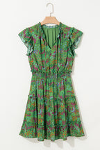 Green Floral Tie Split Neck Frilly Ruffle Trim Tiered Short Dress