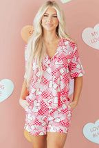 Pink Heart Print Shirt Style Silky Short Pajama Set