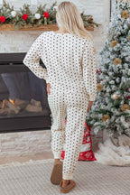 White Polka Dot Print Notched Neck Long Sleeve Top Drawstring Jogger Pants Waffle Knit Lounge Set