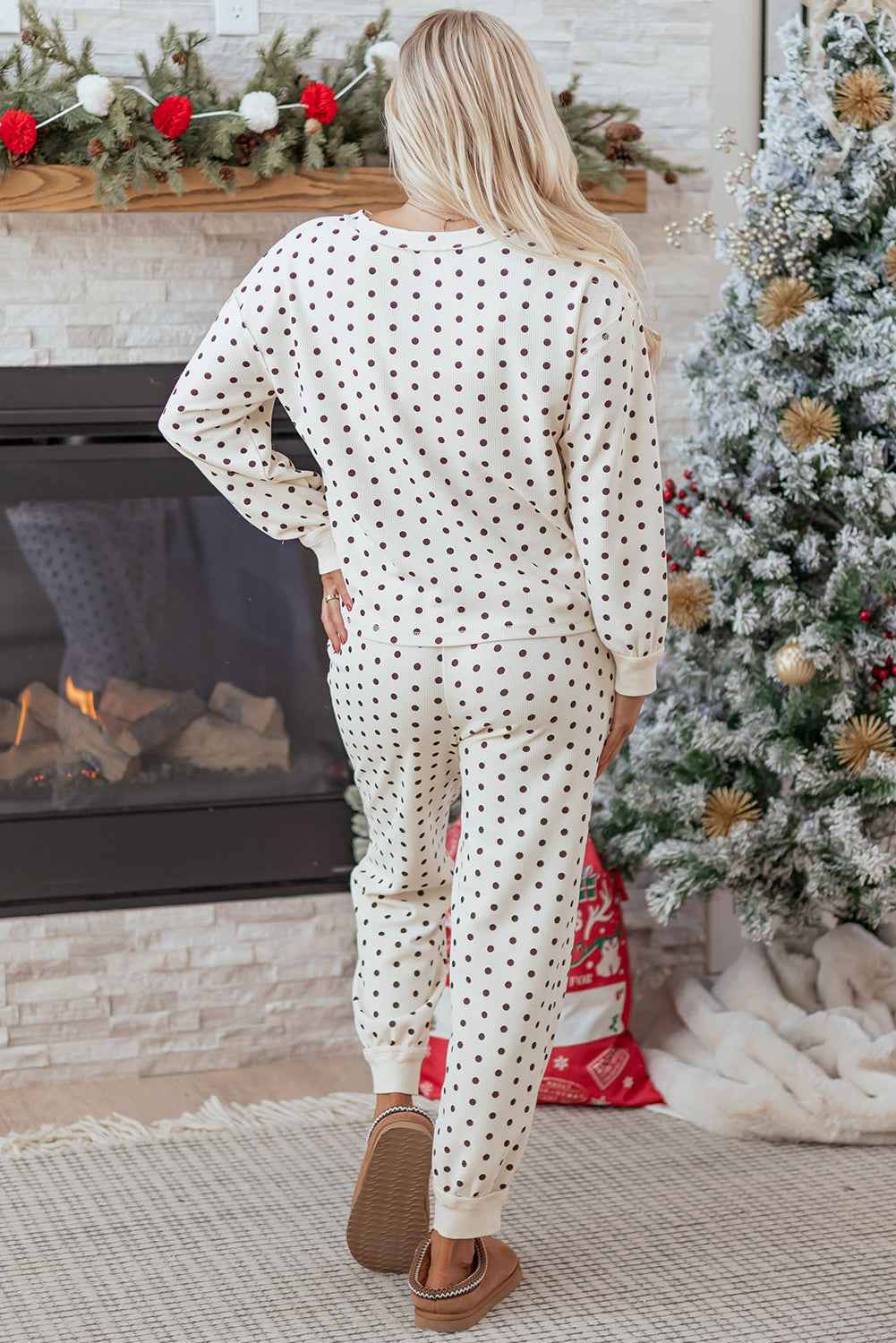 White Polka Dot Print Notched Neck Long Sleeve Top Drawstring Jogger Pants Waffle Knit Lounge Set