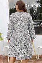 Khaki Plus Size Button V Neck Leopard Print Puff Sleeve Loose Mini Dress