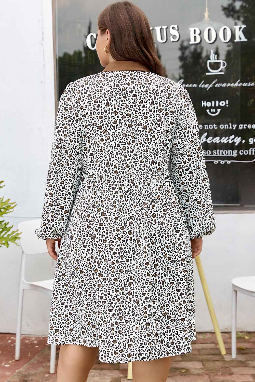 Khaki Plus Size Button V Neck Leopard Print Puff Sleeve Loose Mini Dress