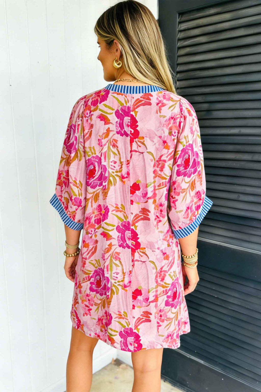 Multicolour Floral Striped Patchwork Trim Half Sleeve Mini Dress
