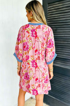 Multicolour Floral Striped Patchwork Trim Half Sleeve Mini Dress