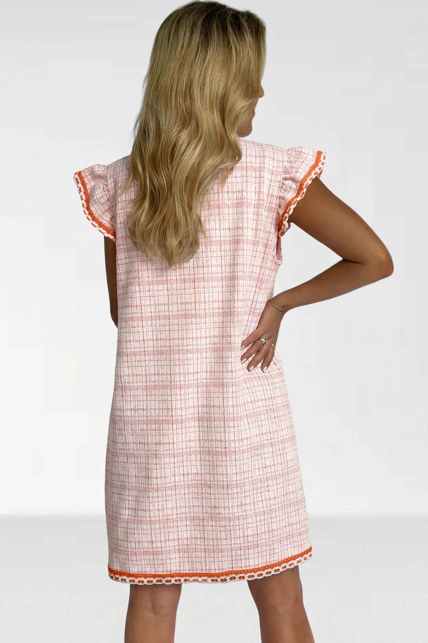White Jacquard Textured Contrast Trim Short Sleeve Tassel Tie Shift Dress