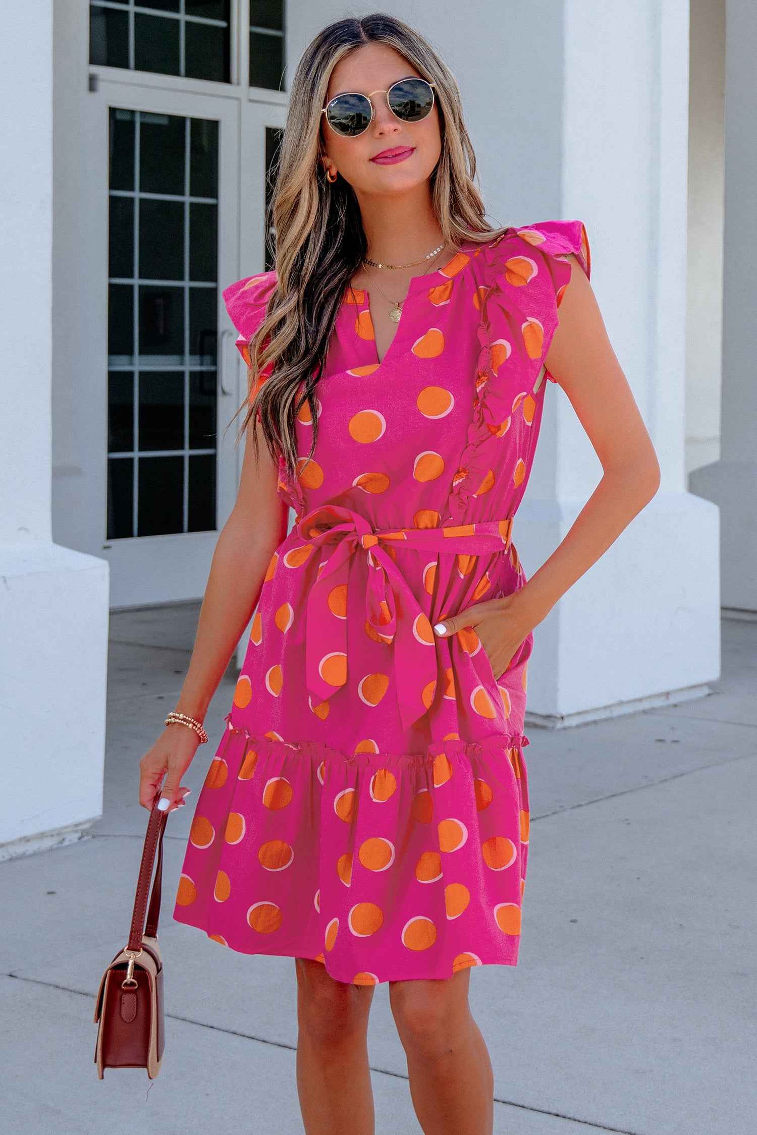 Rose Double Polka Dot V Neck Ruffled Short Sleeve Dress