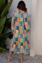 Sky Blue Mix Floral Checkered Pattern Bubble Sleeve Ruffle Hem Dress