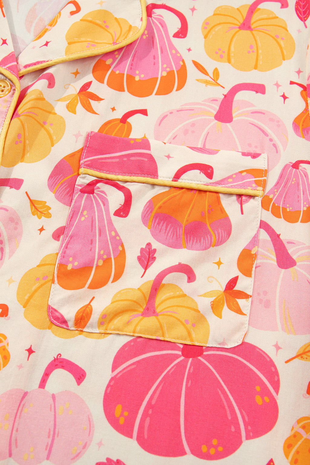 Pink Short Sleeve Pumpkin Print Pocket Placket Shell Button Lounge Set - MuseLover