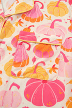 Pink Short Sleeve Pumpkin Print Pocket Placket Shell Button Lounge Set - MuseLover