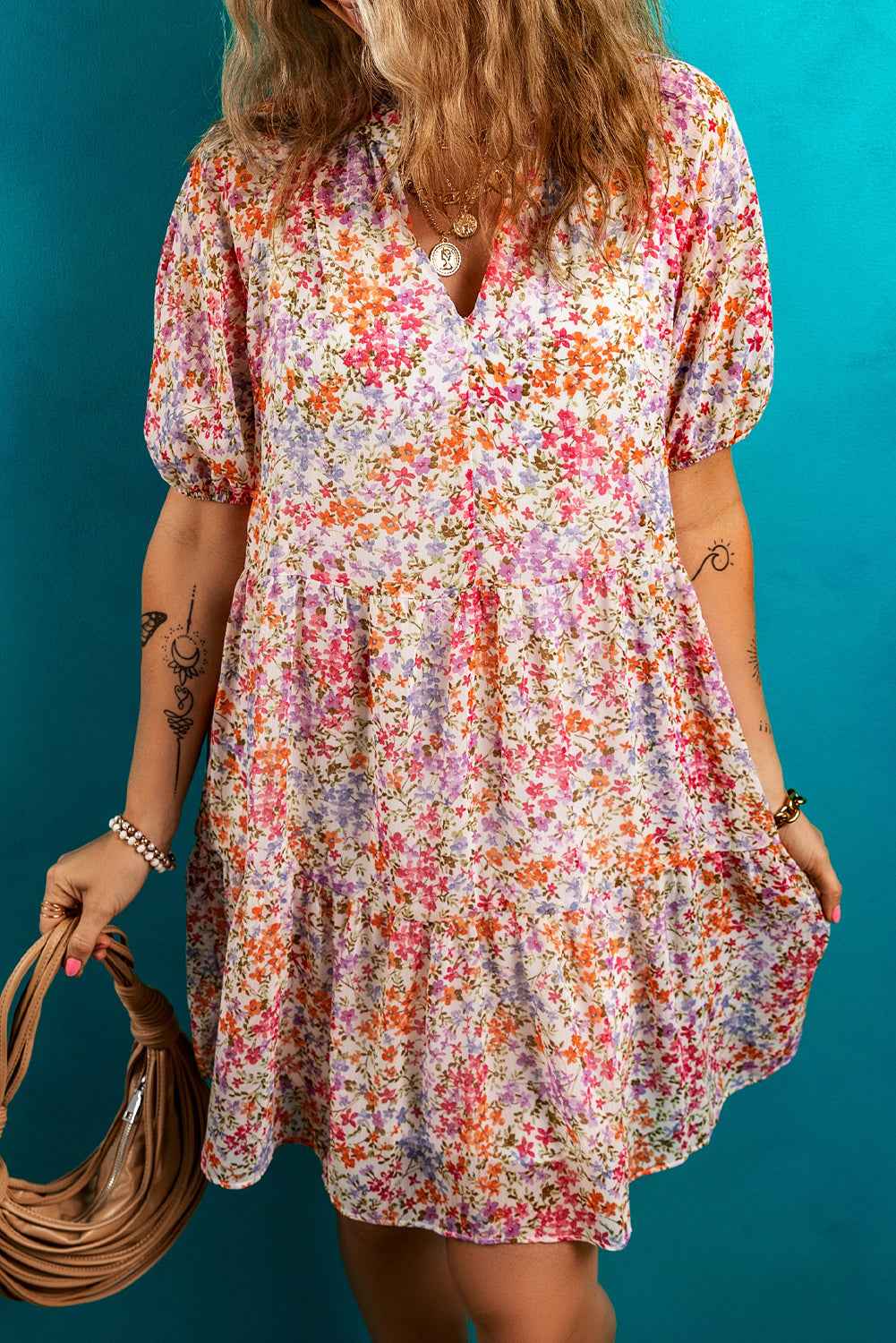 Red Floral Puff Sleeve Notched V Neck Tiered Mini Dress