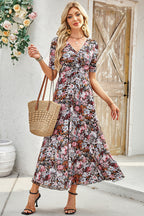 Brown Mesh Leopard Floral Reversible V Neck Short Sleeve Dress