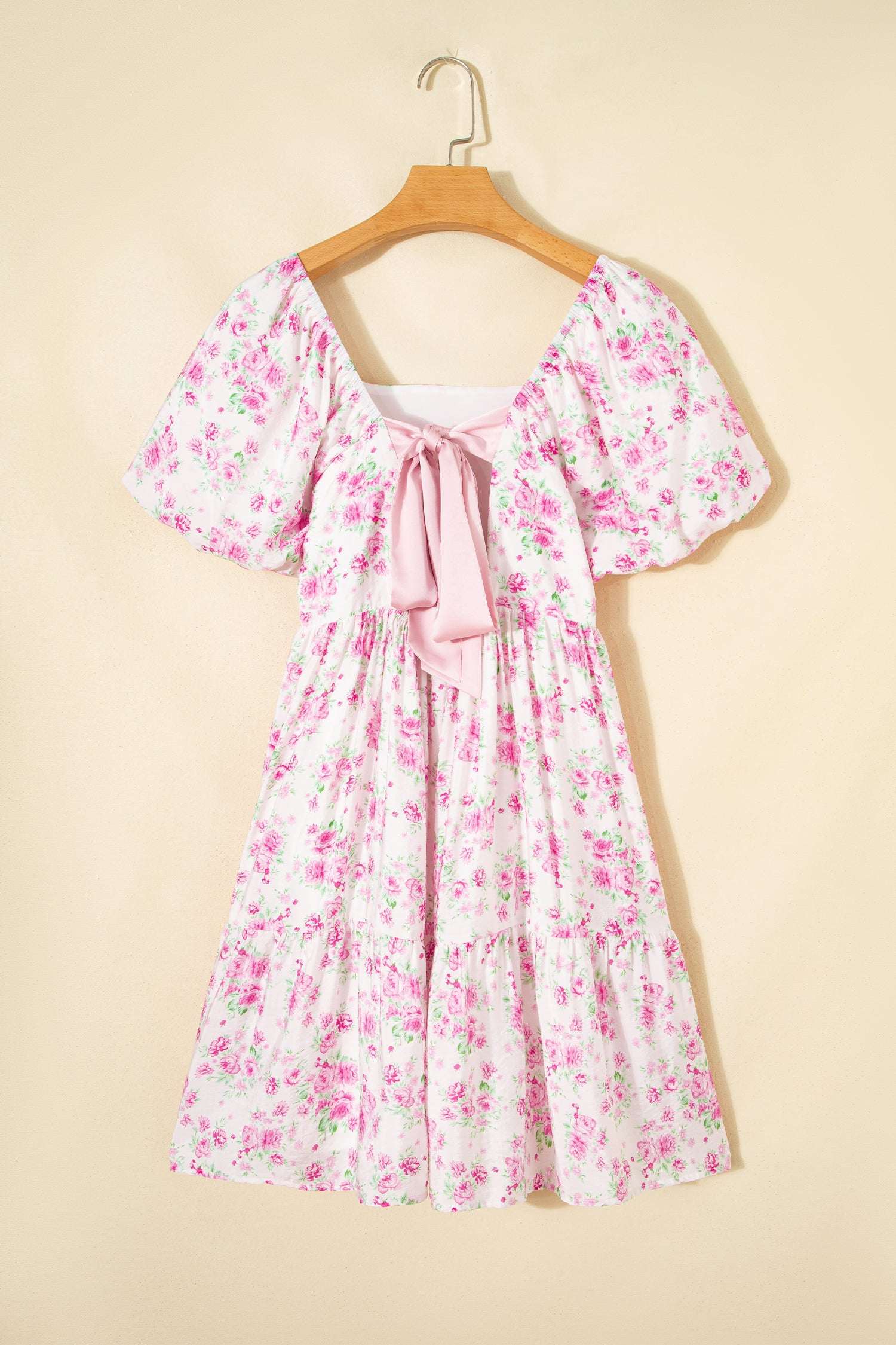 Pink Floral Print Square Neck Ribbon Knot Back Cute Mini Dress