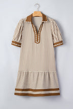 Brown Stripe Shirt Collar Color Block Patchwork Trim Ruffle Hem Short Dress