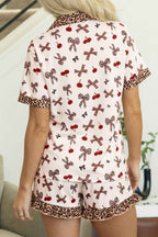 White Chic Bow Cherry Printed Leopard Contrast Patchwork Shirt Drawstring Shorts 2pcs PJ Set