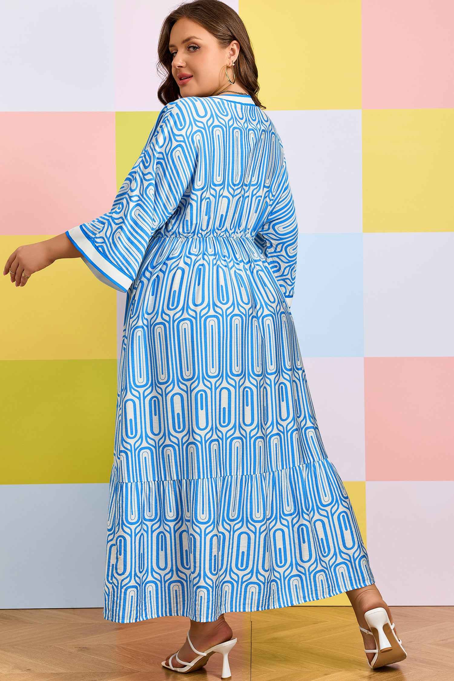 Sky Blue Plus Size Geometric Print Contrast Trim V Neck Bracelet Sleeve Long Dress