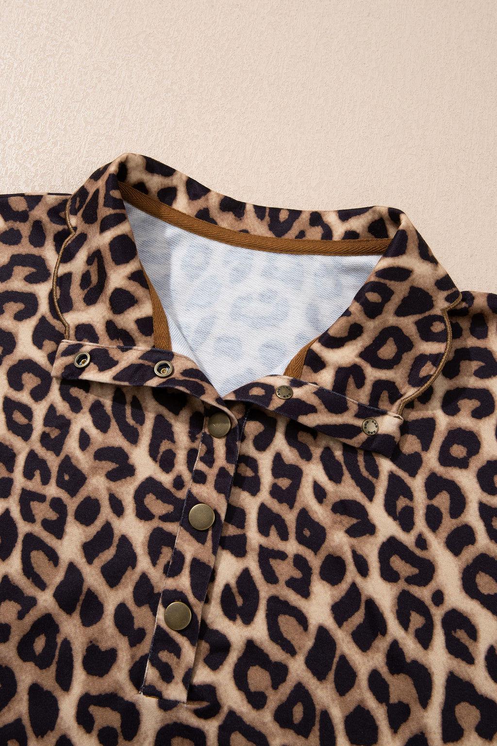 Khaki Buttoned Collar Short Sleeve Shift Leopard Dress with Pockets