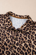 Khaki Buttoned Collar Short Sleeve Shift Leopard Dress with Pockets